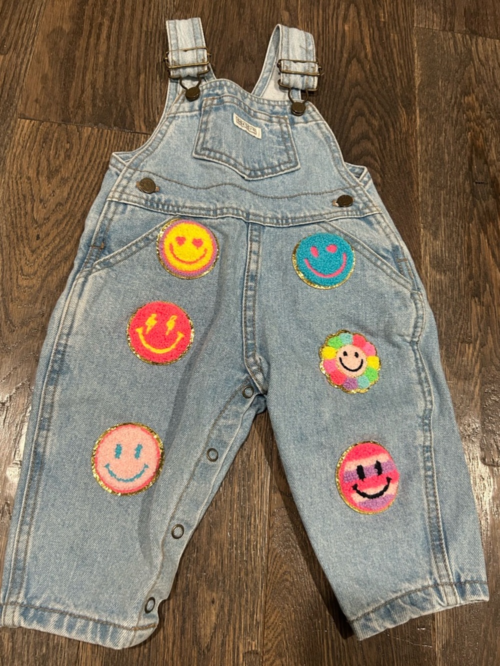Guess Baby Denim Overalls with Colorful Smile Patches - Size 12M